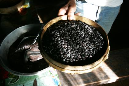 Bak met zwarte koffiebonen gepresenteerd aan de camera - Nestlé Professional