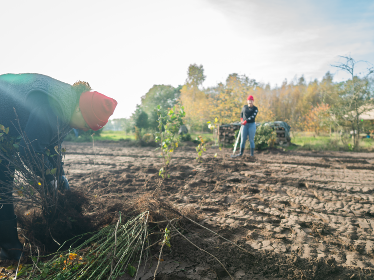 Twee dames planten plantjes op een groot open veld - Nestlé Professional