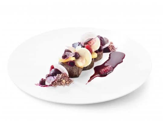 Wit bord met vlees gerecht en rode vruchten