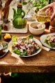 Een persoon die olijfolie giet op een salade met radijs